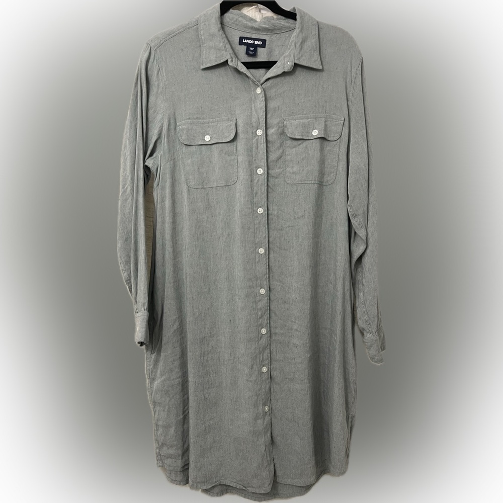 Lands’ End Oxford Long Sleeve Button Front Shirt Dress Light Olive Green NWOT
